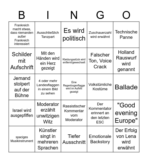 Das einzig wahre ESC Trinkspiel BINGO Card