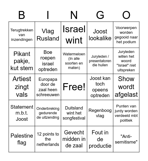 Foute Eurovisie Bingo Card