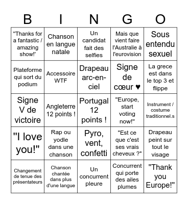 Eurovision 2024 FR Bingo Card