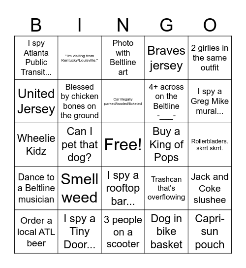 Shannon and Andrea's Excellent Beltline Adventure Bingo Card