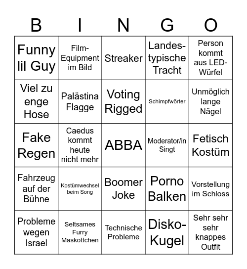 Eurovision Bingo Card