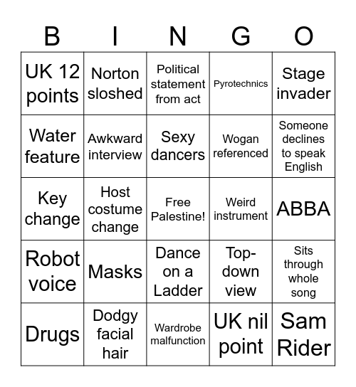 Eurovision 2024 Bingo Card