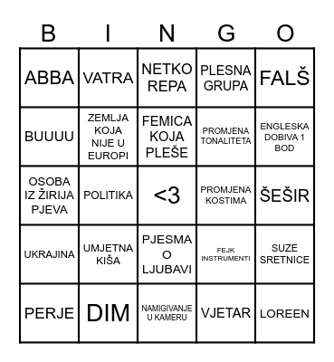 Eurovision Bingo Card