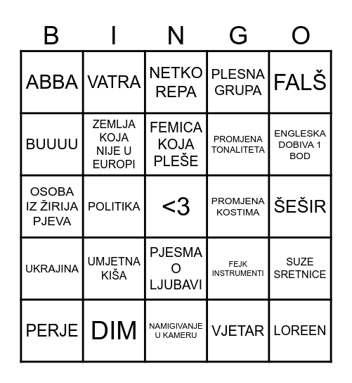 Eurovision Bingo Card