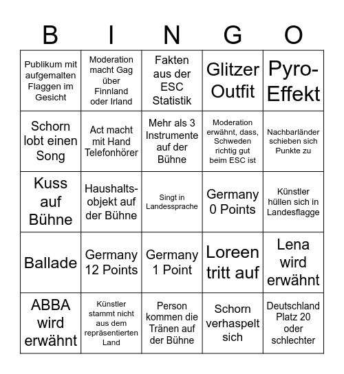 ESC 2024 Bingo Card