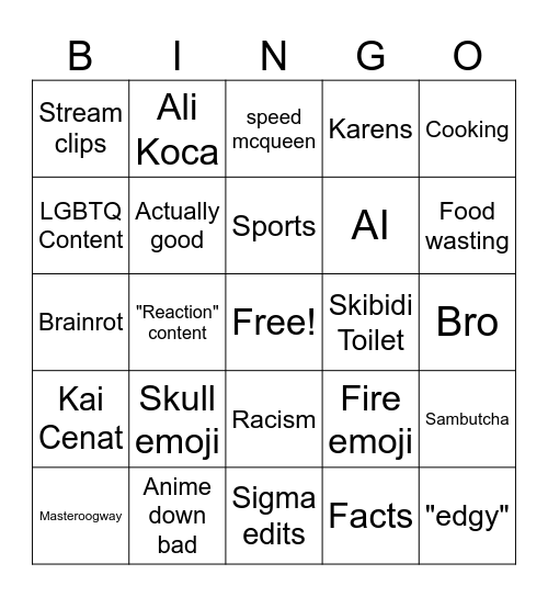 Youtube Shorts Bingo Card