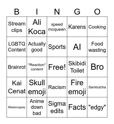 Youtube Shorts Bingo Card