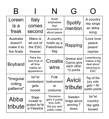 Eurovision 2024 Bingo Card