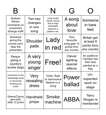 Eurovision Bingo Card