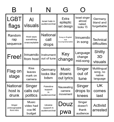 Eurovision 2024 Bingo Card