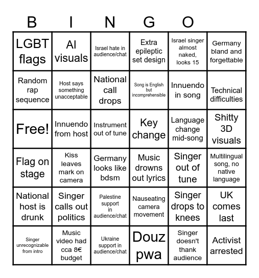 Eurovision 2024 Bingo Card