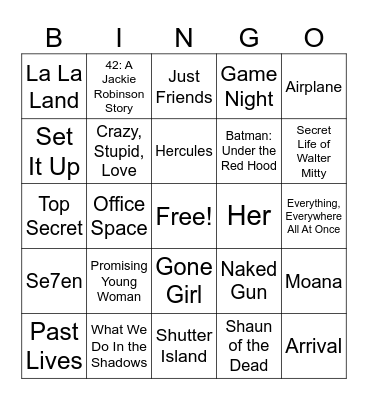Jess and Tristan's Movie Bingo Card