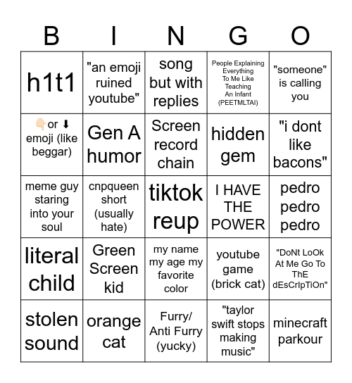 shorts bingo 2 Bingo Card