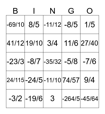 Fraction Operations Bingo Card