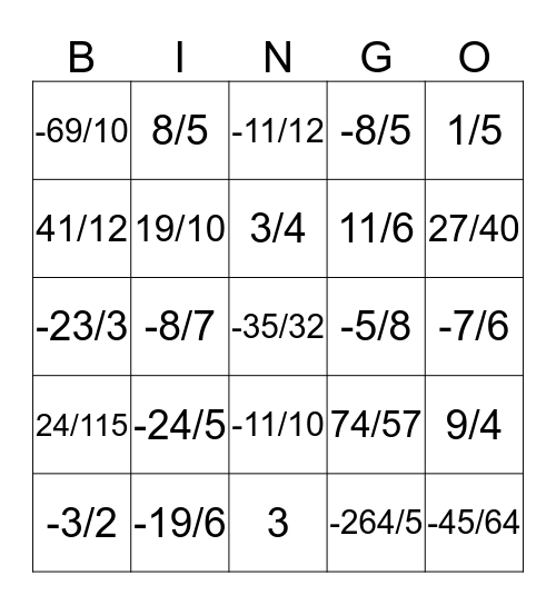 Fraction Operations Bingo Card