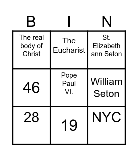 St Elizabeth Ann Seton Bingo Card