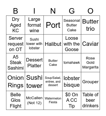 Mastro's Ocean Club Bingo Card