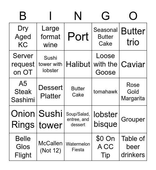 Mastro's Ocean Club Bingo Card