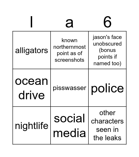 gta 6 screenshots Bingo Card