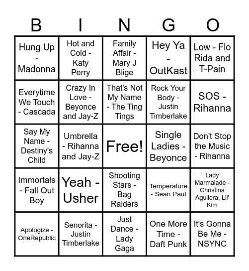 2000 Music Bingo Round #1 Bingo Card