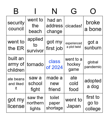 High School Bingo Card