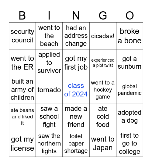 High School Bingo Card