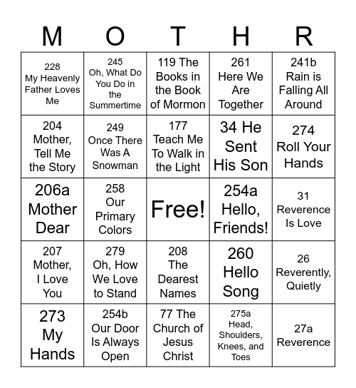 Primary Mother's Day Bingo Card