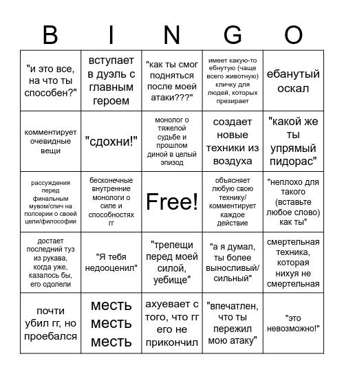 Аниме злодей бинго Bingo Card