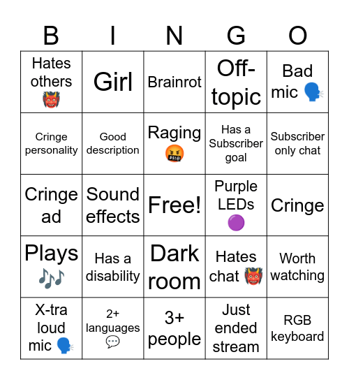 Recent twitch streams Bingo Card