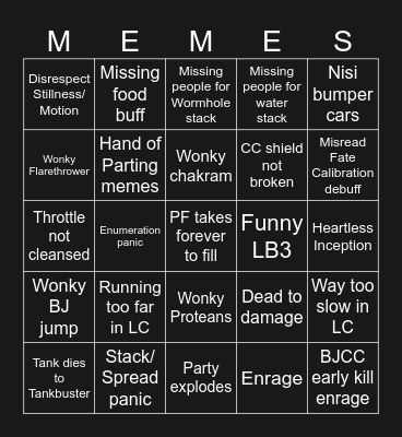 Aether PUG TEA Bingo Card