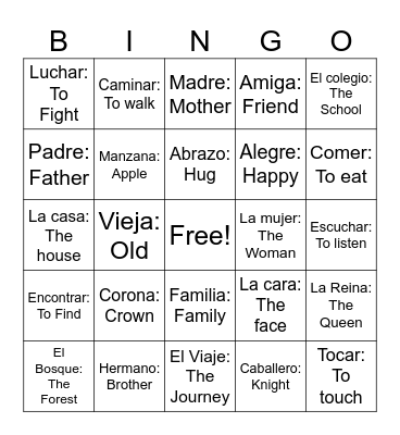 Spanish Bingo Card