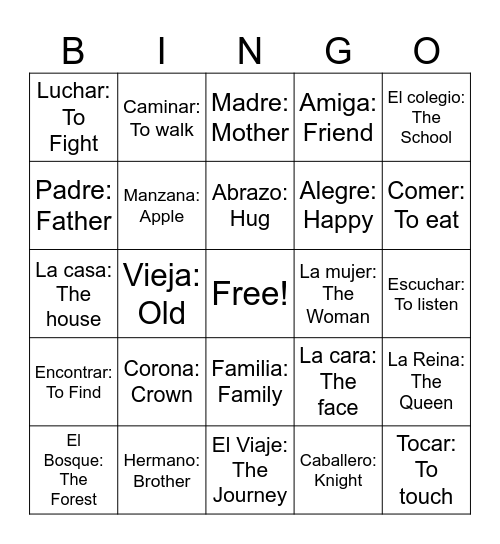 Spanish Bingo Card