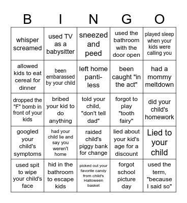 Bad Mom BINGO Card