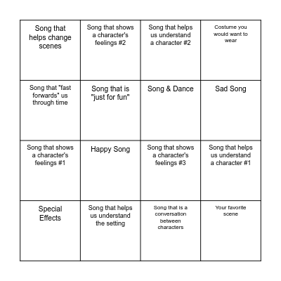 Musical Bingo - Write the scene that fits each square! Bingo Card