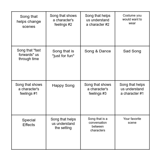 Musical Bingo - Write the scene that fits each square! Bingo Card