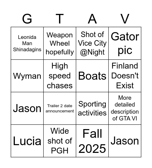 GTA VI Bingo Card