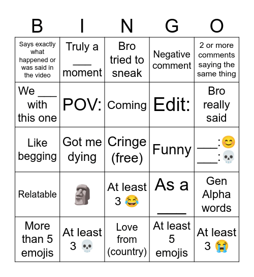 YT shorts comments Bingo Card