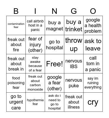 things rebecca will do on trip :( Bingo Card