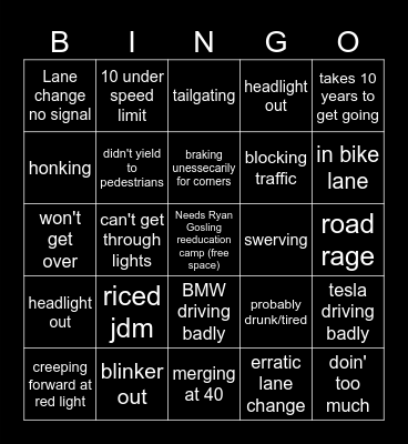 Bad Driver Bingo Card
