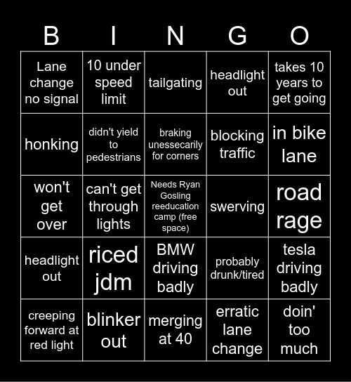 Bad Driver Bingo Card