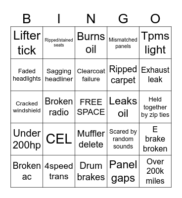 Shitbox Bingo Card