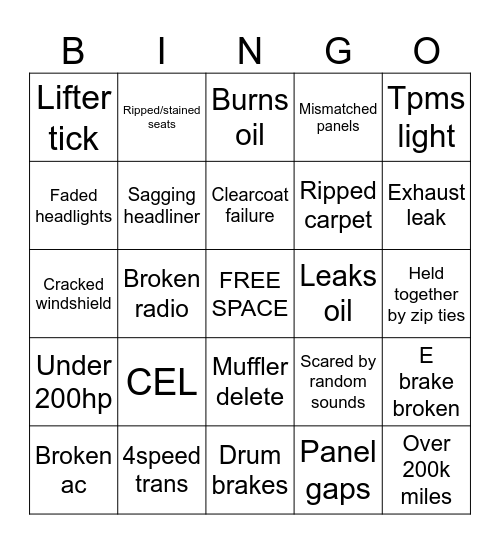 Shitbox Bingo Card