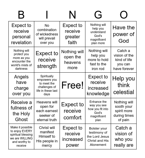 Temple blessings promised by Pres. Nelson April 2024 Bingo Card