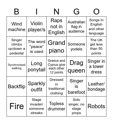 EUROVISION Bingo Card