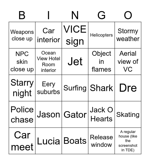 GTA VI Bingo Card