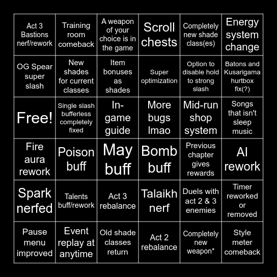 Shades' next major update bingo card Bingo Card