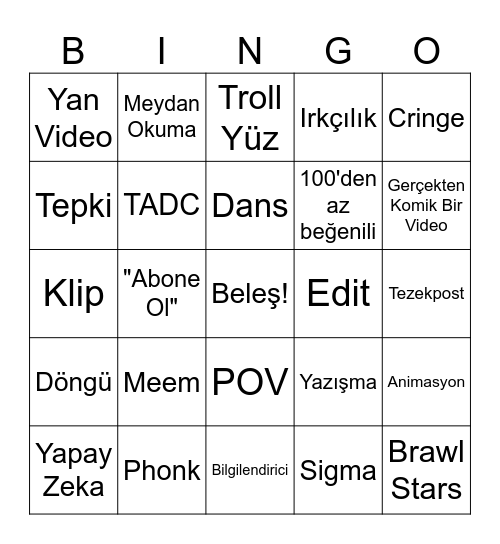 YT Shorts Tombala Bingo Card