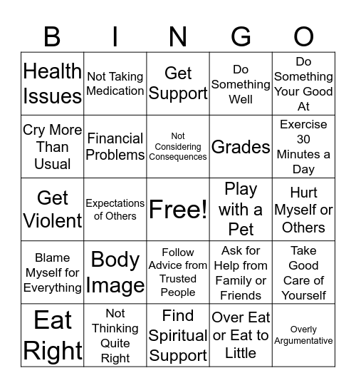 Stress Management/ Coping Skils Bingo Card