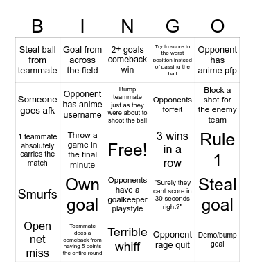 Rocket League Bingo Card