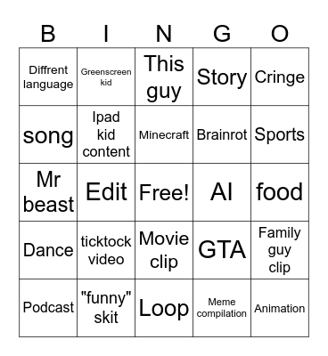 youtube shorts bingo Card